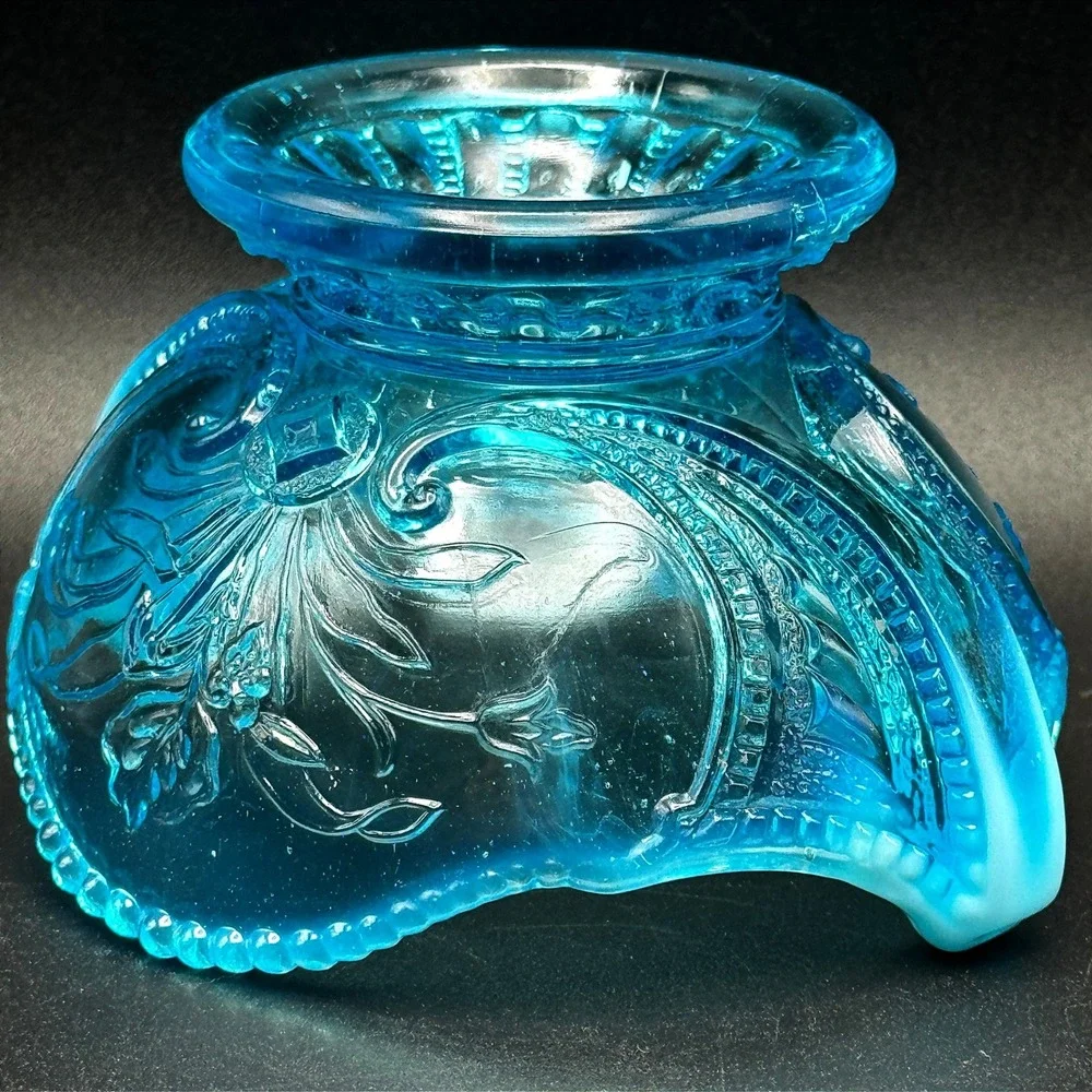 Antique Jefferson Glass Beaded Fleur de Lis Blue Opalescent Bowl c1905 Candy Nut